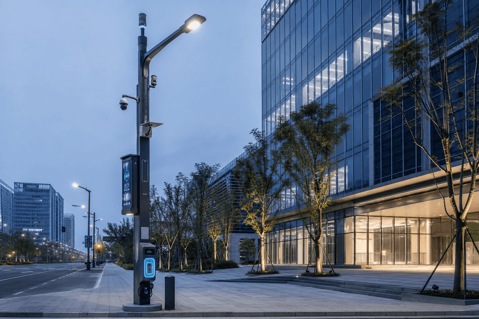 Multi-function smart pole deployed in a commercial district