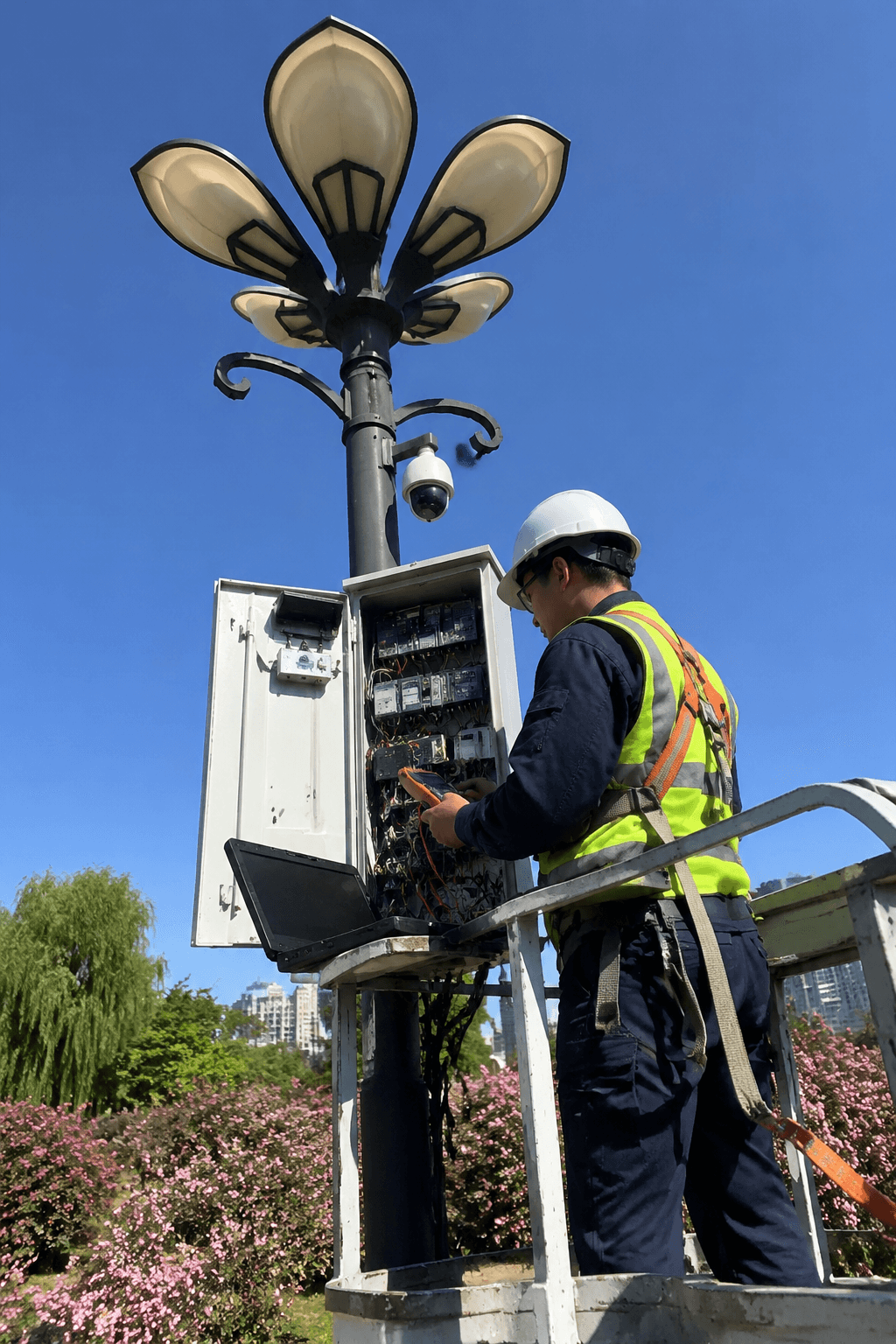 Engineer commissioning a smart pole control cabinet